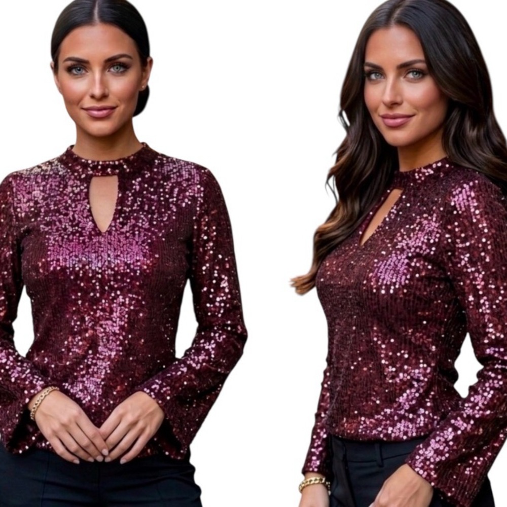 Cable & Gauge Red Wine & Pink Tones-Sequin Blouse for Glamorous Evenings